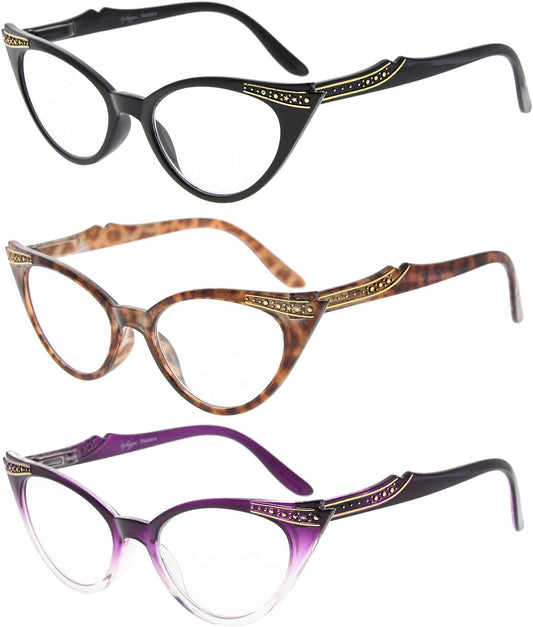 Eyekepper Womens 3 Pairs Reading Glasses Ladies' Vintage Cat Eye Readers (Black/Tortoise/Purple Transparent)