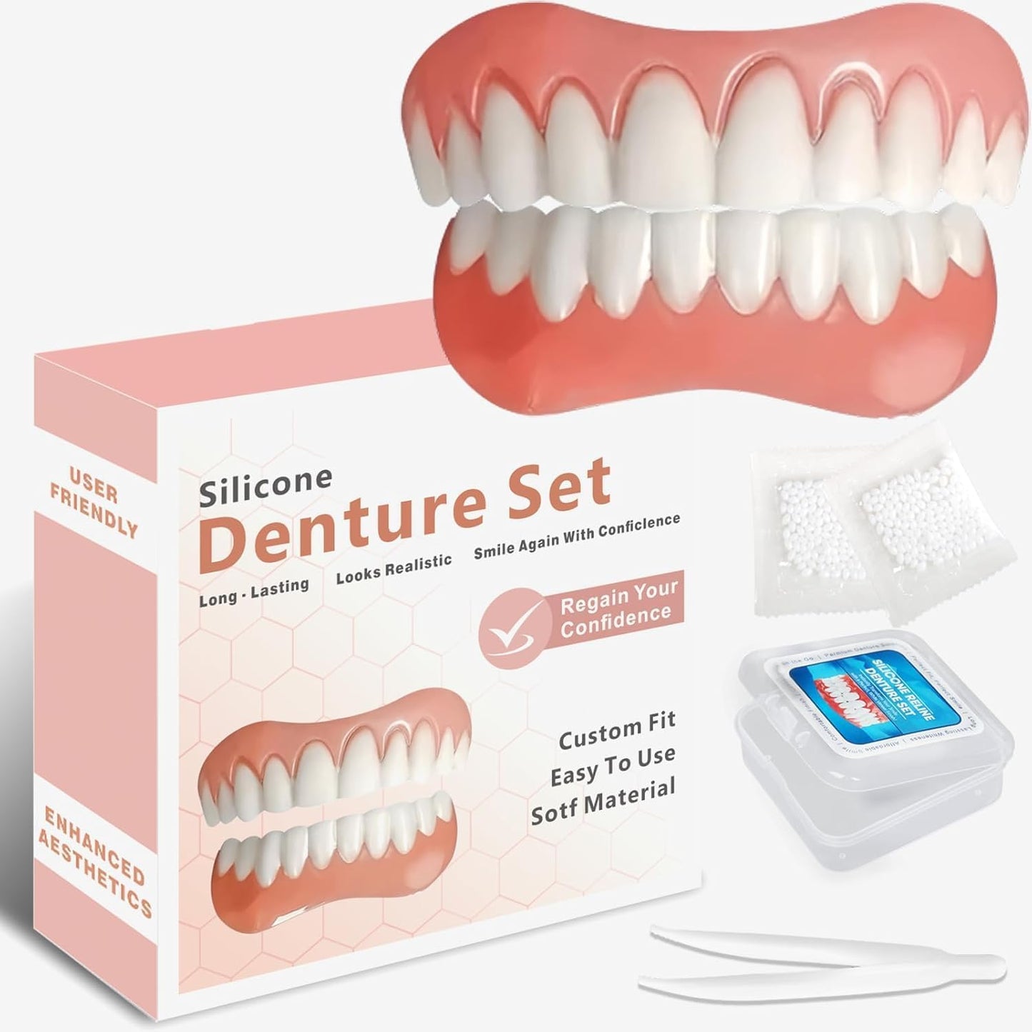 Dentures for Women and Men, Silicone Dentures Upper and Lower, Fix Your Smile at Home Within Minutes, Natural Shade False Teeth & Veneers