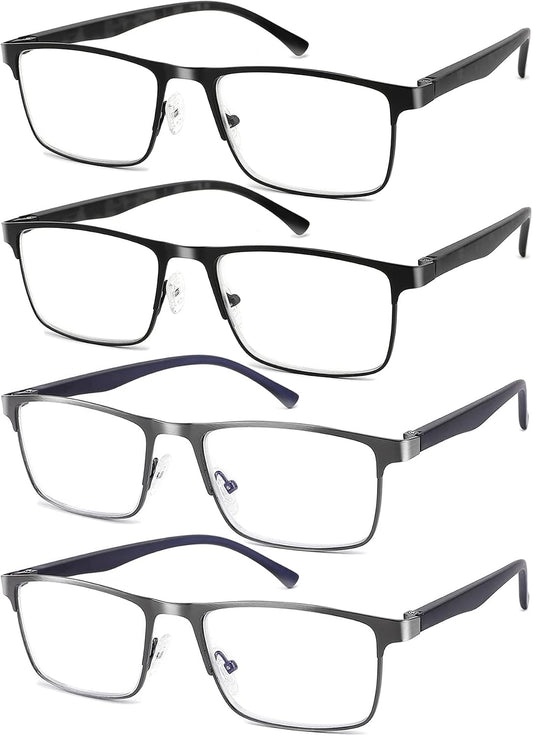 4-Pack Mens Reading Glasses Blue Light Blocking,Spring Hinge Stylish Metal Full Frame Readers for Men Anti Glare Filter Eyeglasses +2.0