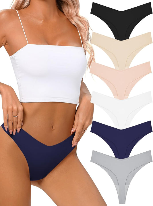 tichers Seamless Thongs for Women No Show Thong V-waisted Stretch Breathable Sexy Panties Underwear 6 Pack