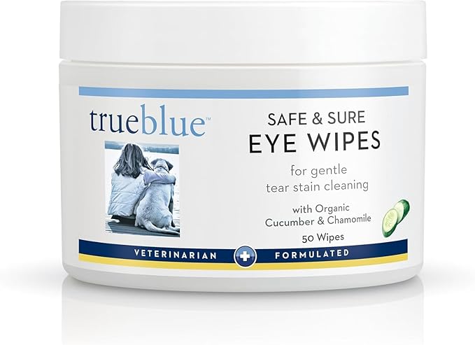 TrueBlue Cucumber & Chamomile Safe and Sure Dog Eye Wipes â Pre-Moistened Textured Pads for Tear Stain Eye Cleaning â Cleansing Eye Wipe for Dogs, Puppies â Non-Toxic, All-Natural â 50 Count