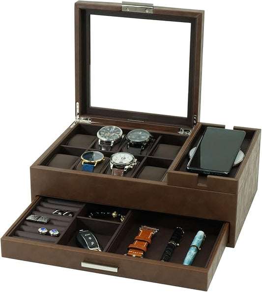 Men's Jewelry Box Organizer with Charging Station & Drawer - Premium Valet Tray for Watch, Phone, Wallet Storage - Brown