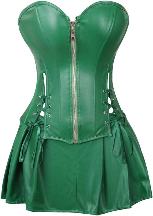 Grebrafan Women Faux Leather Gothic Punk Zipper Corset Bustier with Skirt
