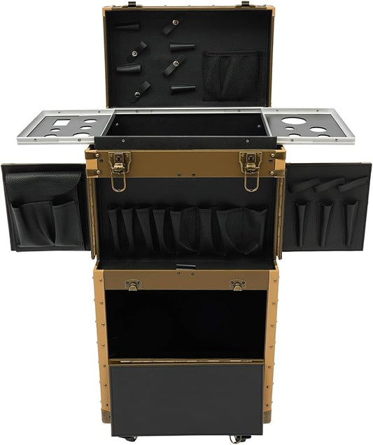 Rolling Hairdressing Case - Professional Makeup Train Case with Dual Password Locks, Cosmetic Organizer for Salon/Barber/Nail Artists (Gold)