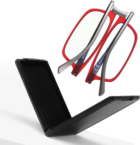 SKYOAK Evolved Folding Reading Glasses For Women Men Blue Light Blocking Anti UV Eyestrain Foldable Portable Compact Readers with Flat Hard Case Pocket Computer glasses 2.0 RED