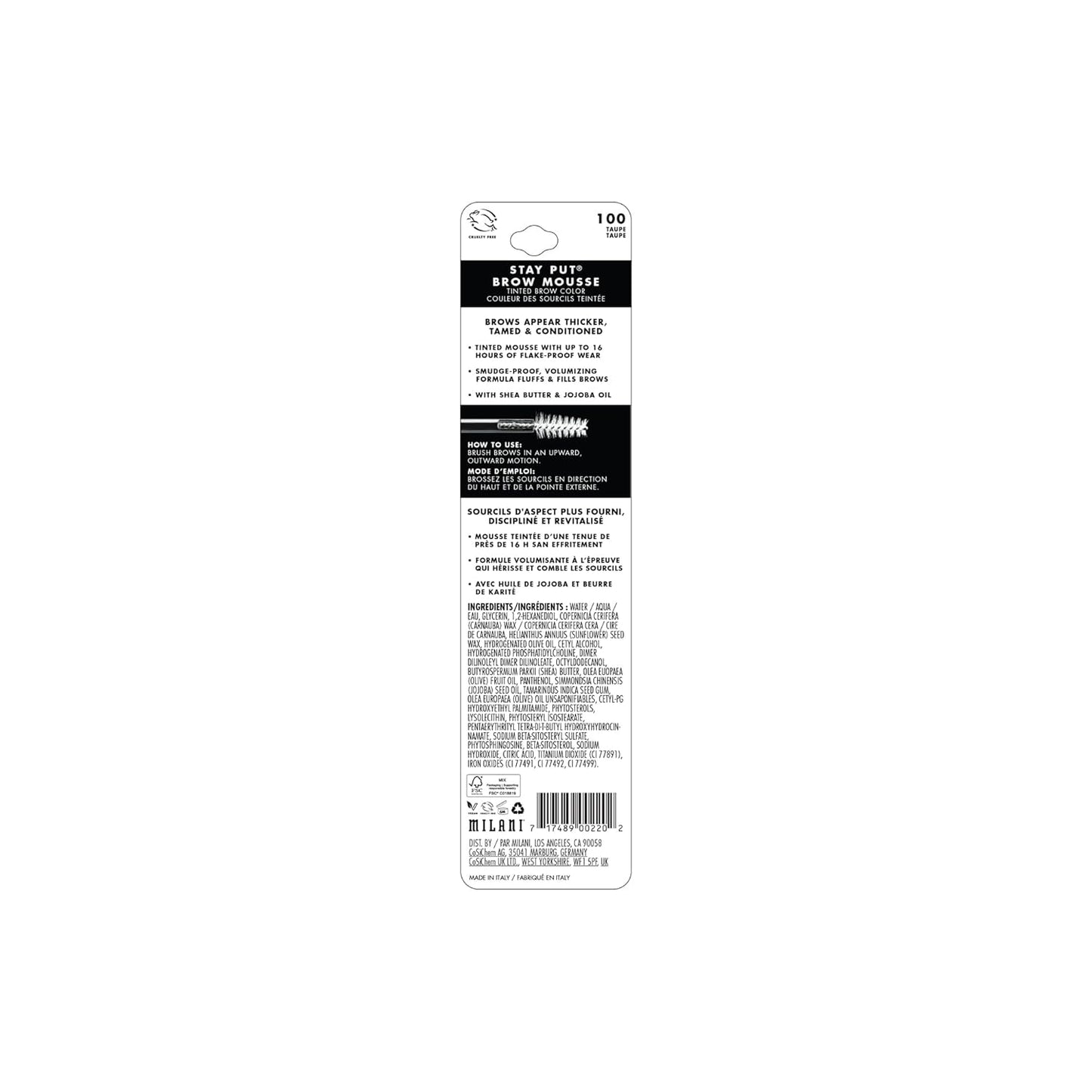 Milani Brow Tint- Stay Put Tinted Brow Mousse, Nourishing, High-Pigment infused with Shea Butter, Jojoba Seed Oil & Panthenol Vitamin B5 - Taupe