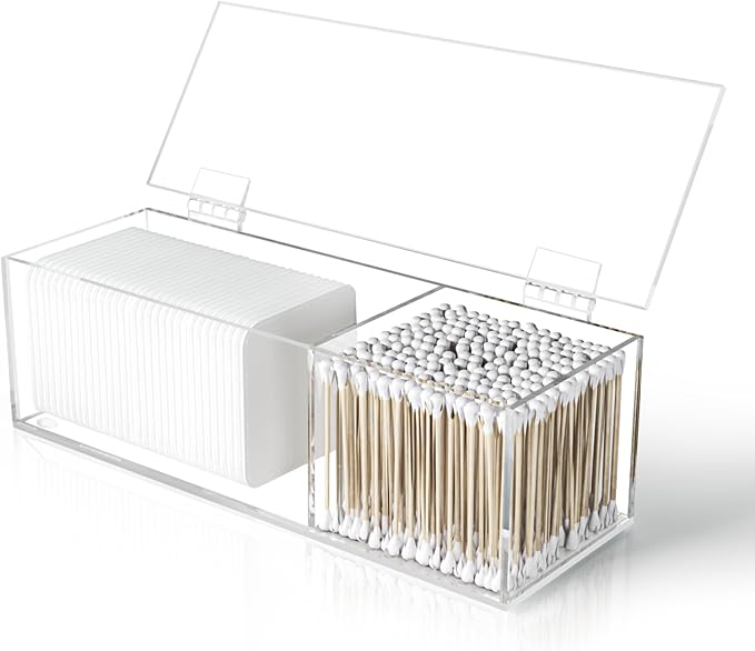 Clear Acrylic Qtip Holder for Clean Skin Club CleanÂ² Pads Clean with Flip-Top Lid 2-Grid Canister Cotton Pad and Swab Dispenser Cotton Round Organizer for Bathroom Vanity Countertop
