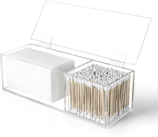 Clear Acrylic Qtip Holder for Clean Skin Club CleanÂ² Pads Clean with Flip-Top Lid 2-Grid Canister Cotton Pad and Swab Dispenser Cotton Round Organizer for Bathroom Vanity Countertop