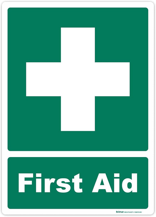 Brimar - 10" x 14" - First Aid Sign - 3.5 Mil InfiniStickâ¢ Vinyl Label - Easy Installation - Versatile Application