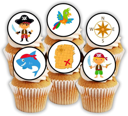 PRECUT Pirate Edible Cupcake Toppers - Theme #2 Premium Thickness SWEETENED VANILLA - wafer card disc cake decorations (24)