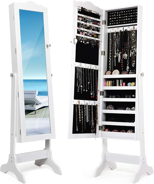 Giantex Jewelry Cabinet Armoire Lockable with Mirror, Standing Full Length Mirror with Jewelry Cabinet, 3 Adjustable Angles, Jewelry Organizer Storage Box Birthday Christmas Gifts (White)