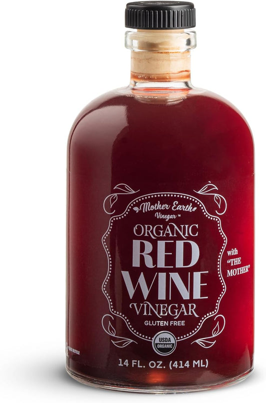 Mother Earth, Organic Red Wine Vinegar with The Mother, Fresh Pressed Organic Cabernet Grapes, ORWV, RWV, Raw, Unpasteurized, Unfiltered (1/14oz Apothecary Glass Bottle with Pour Spout)