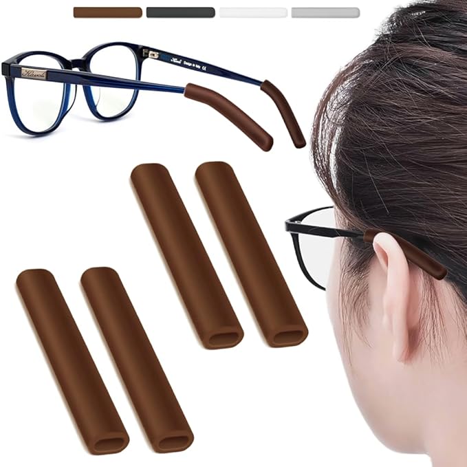 2 Pairs Silicone Glasses Ear Cushion, Eye Glasses Ear Grippers Anti Slip, Rubber Ear Pieces Non Slip, Soft Eyeglass Ear Cushions for Pain, Temple Sleeves Tips Ear Pads for Preventer (Brown)