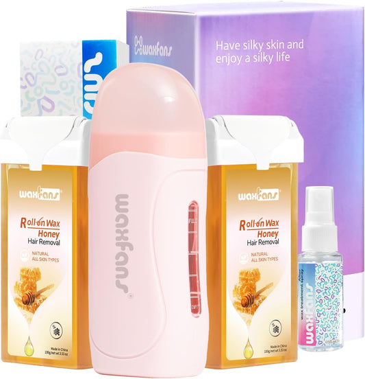 Waxfans Roll on Wax Kit, Waxing Kit for Women and Men, Wax Roller Waxing Kit for All Skin Types, Roll on Waxing Kit for Hair Removal, with 2 Honey Wax Cartridges & 50 Pcs Wax Strips(Honey)