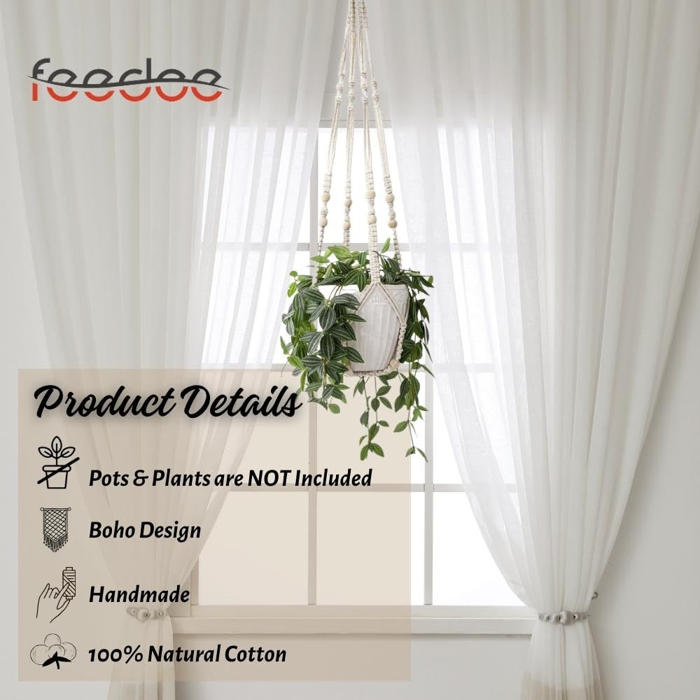 3 Pack Macrame Plant Hanger, Hanging Planters for Indoor Plants Holder With Wood Beads, No Tassels Hanging Plant Holder 3 Hooks, Different Size Boho Plant Hanger, Home Decor, Ivory (POTS NOT INCLUDED)
