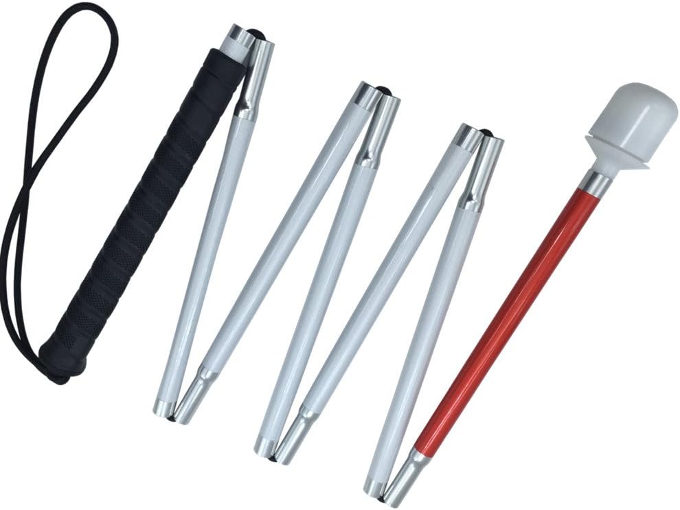 Aluminum Mobility Folding White Cane for Vision Impaired and Blind People (Folds Down 7 Sections) (Black Handle, 155cm (61 inch))