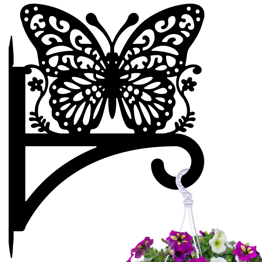 Peacoblue Iron Plant Hangers Hooks for Outdoor Indoor Hanging Plants Flower Fern Pots Lantern Bird Feeder Wind Chimes, 12"x16" Weather Resistant Metal Wall Holder for Porch Garden Farmhouse(Butterfly)