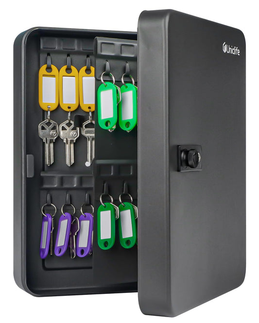 Uniclife 60 Position Key Cabinet with Combination Lock Resettable Black Digital Security Storage Box Steel Key Organizer with Colorful Key Tag Labels Stickers and Hooks
