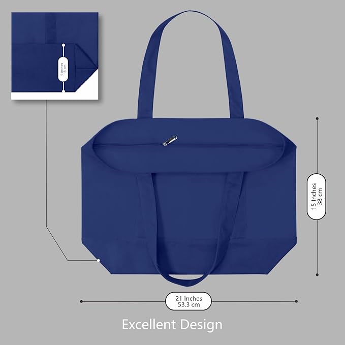 TOPDesign 3-Pack Canvas Tote Bags with an External Pocket, Reusable Grocery Shopping Bags, Top Zipper Closure, Daily Essentials (Blue)