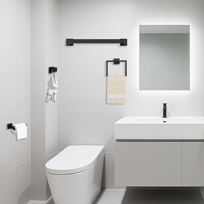 JOPOFI 5 Piece Bathroom Towel Bar Set - 23.6 Inch Bathroom Towel Holder, SUS304 Stainless Steel Towel Racks for Bathroom Wall Mounted, Bathroom Hardware Accessories Set - Matte Black
