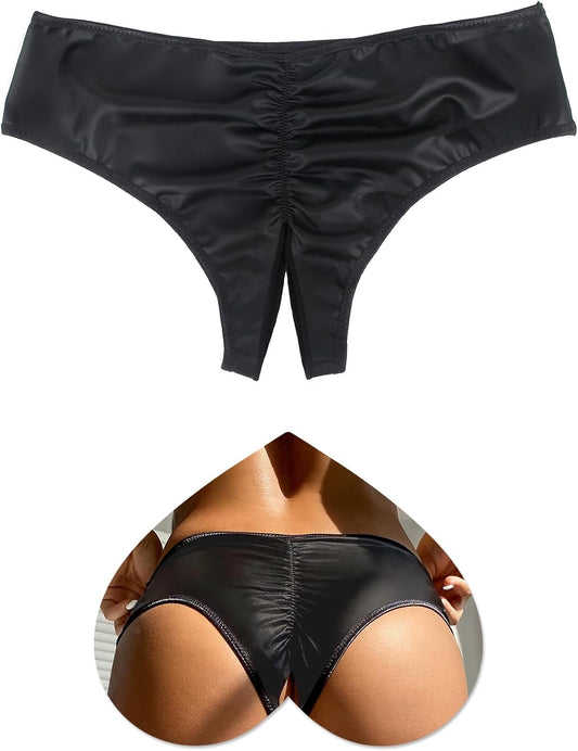 ohyeah PU Leather Hipster Bikini Panties Low Rise Cheeky Underwear for Women Ladies Underwear Panties Ruched Back Tanga Panty