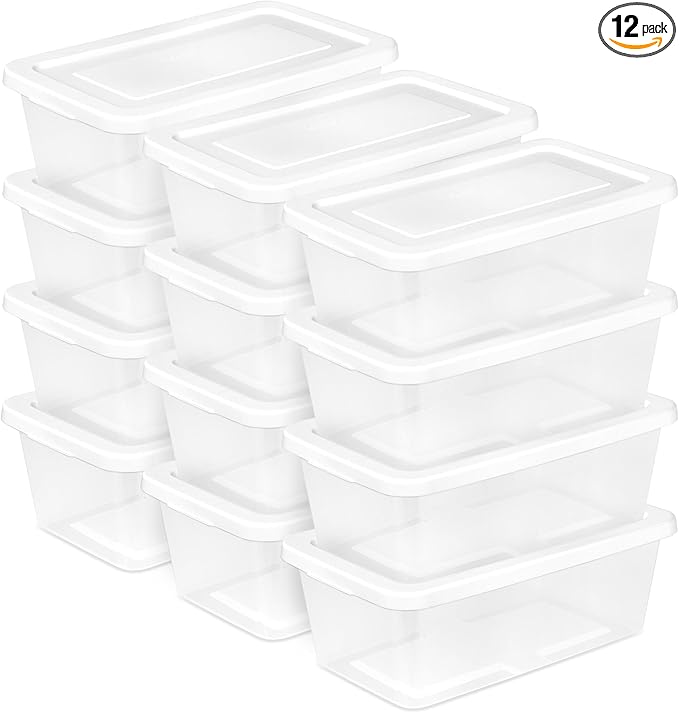 Sterilite 12-Pack 6 Quart Storage Boxes, Stackable Clear Plastic Bins with Snap-On Lids â Heavy-Duty Organizing Containers for Closet, Bathroom, and Office