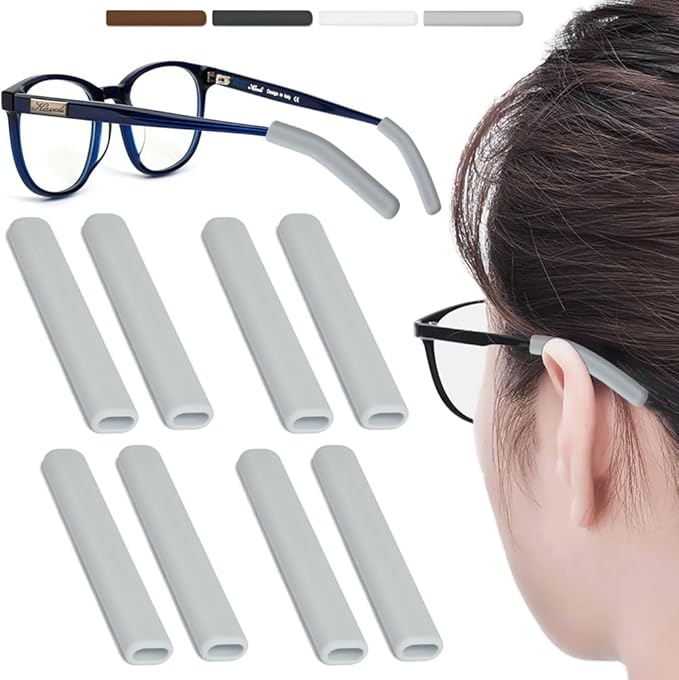 4 Pairs Silicone Glasses Ear Cushion, Eye Glasses Ear Grippers Anti Slip, Rubber Ear Pieces Non Slip, Soft Eyeglass Ear Cushions for Pain, Temple Sleeves Tips Ear Pads for Preventer (Grey)