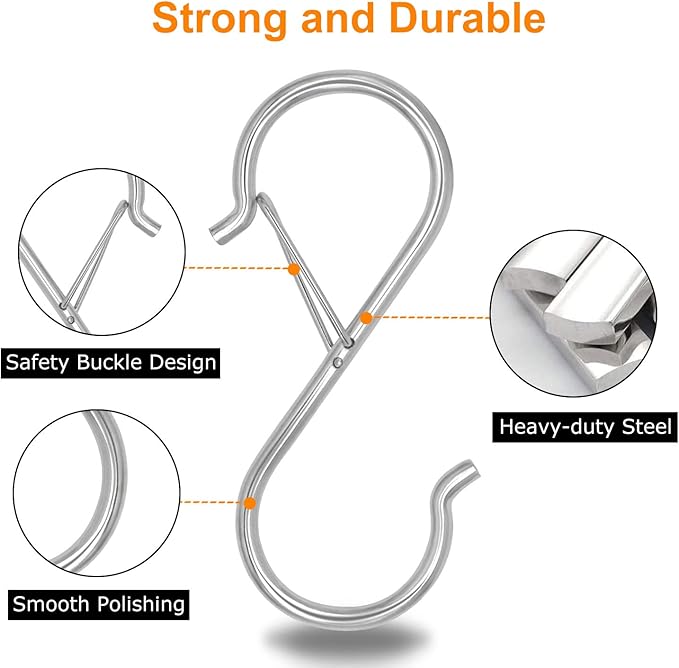 Waitkey 48 Pack S Hooks for Hanging, 3.5 inch Heavy Duty Metal S Hooks with Safety Buckle S Shaped Hooks Pot Rack Closet Hooks for Hanging Plants, Clothes, Kitchen Utensil, Pots, Pans, Bags (Silver)