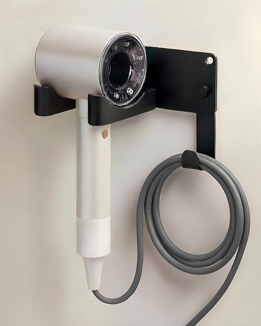 Hair Dryer Holder, Aluminum Alloy Blow Dryer Holder with Adhesive/Screw Installation, Universal Hair Dryer Wall Mount Compatible with Dyson Hairdryer Holder for Bathroom Black UEMUSI
