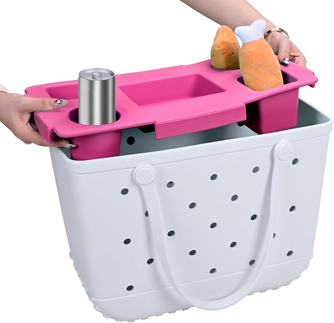 Tote Topper Tray Accessories for Bogg Bag Large Only – Waterproof EVA Table Top Organizer Lid with Cup Holder, Snack, Phone & Drink Holders for Beach, Pool, Picnic, Travel (Pink)