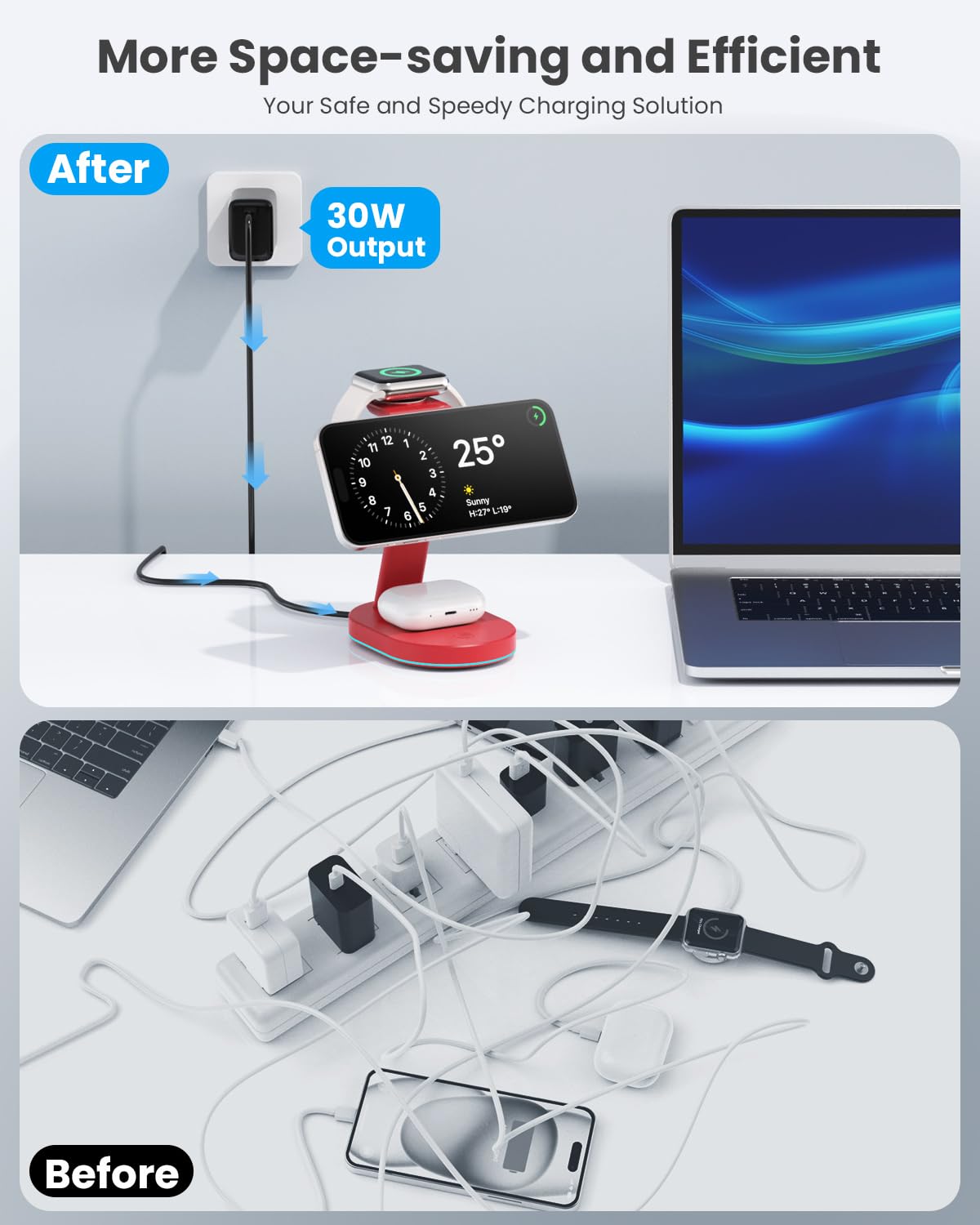 3 in 1 Wireless Charger Charging Station for iPhone,Qi2 Certified 15W Magnetic Charging Stand for Mag-Safe with 30W USB C Adapter&Friendly Night Light for iPhone 16/15/14/13/12,Apple Watch,AirPods