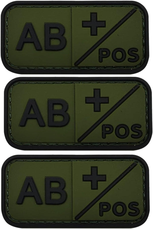 3 PCS Blood Type Patch Kit Positive, Tactical Type Positive 3D PVC Rubber Fastener Patch, 2 X 1 Inch Size (Green AB+)
