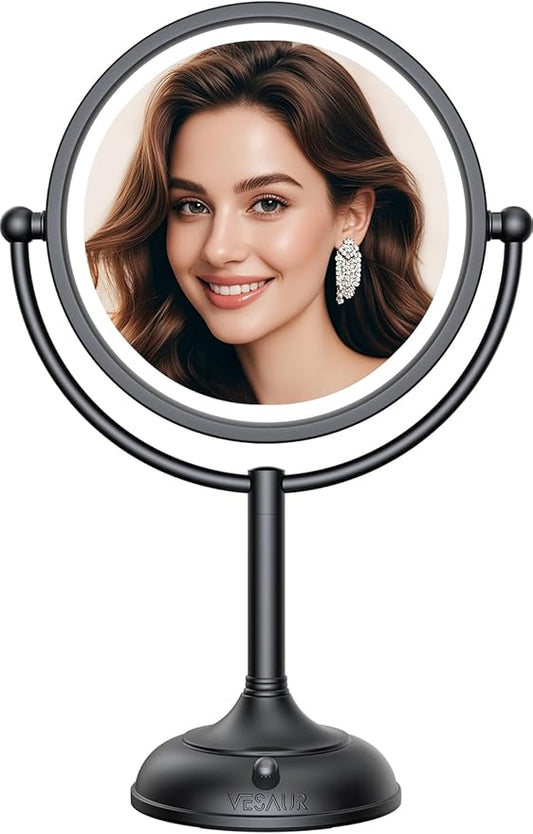 VESAUR Professional 8.5" Lighted Makeup Mirror, 1X/10X Double Sided HD Undistorted Magnifying Mirror with 3 Color 90 Dimmable LED lights, 360Â° Rotation Vanity Mirror, Unique Black Nickel with Gift Box