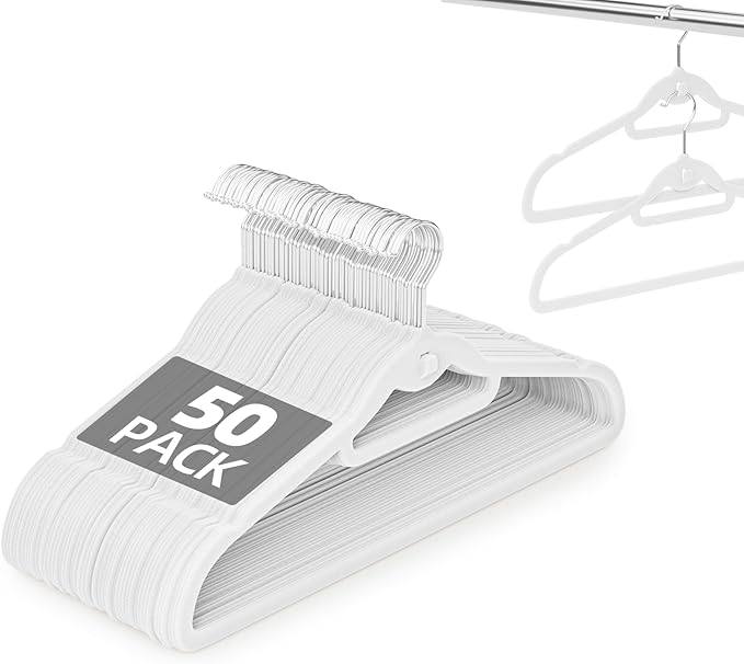 Velvet Hangers 50 Pack, Non Slip Stackable Clothes Hangers with Cascading Hooks, Ultra Thin and Space Saving Felt Hangers with Tie Bar, 360Â° Swivel Hooks, Heavy Duty for Suit Coat Shirt Pant- White
