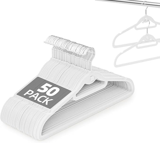 Velvet Hangers 50 Pack, Non Slip Stackable Clothes Hangers with Cascading Hooks, Ultra Thin and Space Saving Felt Hangers with Tie Bar, 360Â° Swivel Hooks, Heavy Duty for Suit Coat Shirt Pant- White