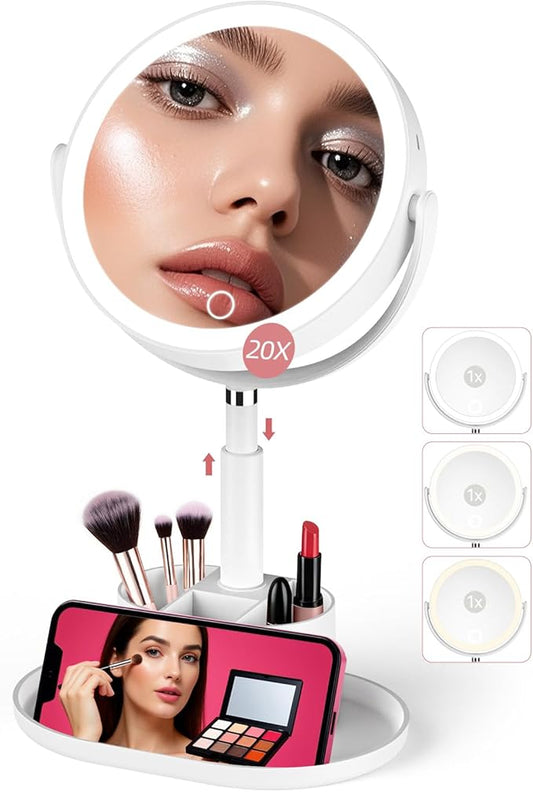 Shinowa Makeup Mirror with Lights, 1X/20X Lighted Makeup Mirror with Storage for Makeup & Jewelry, 2-Sided Height Adjustable Magnifying Mirror with 3 Color Lights, 360Â° Rotation & Rechargeable, White