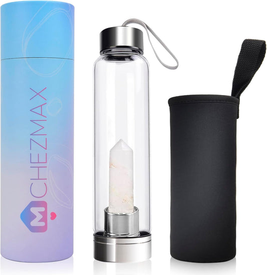 ChezMax Crystal Glass Water Bottle, Glass Water Bottles with Changeable Natural Crystal Center, Quartz Gemstone Water Bottle for Natural