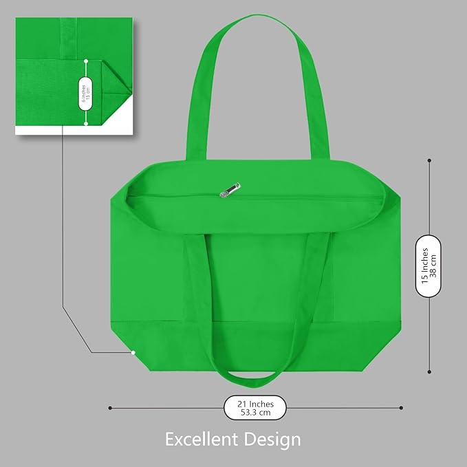 TOPDesign 6-Pack Canvas Tote Bags with an External Pocket, Reusable Grocery Shopping Bags, Top Zipper Closure, Daily Essentials (Lime Green)