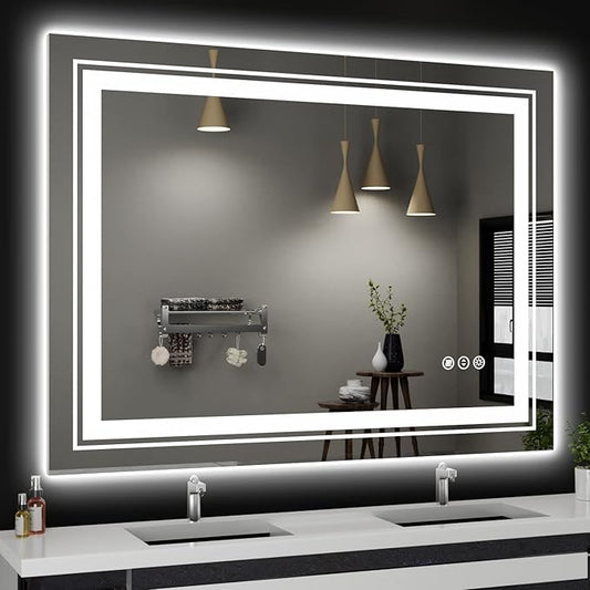 LED Bathroom Mirror, 48"X36" with Front and Backlit, Anti-Fog, Large Bathroom Vanity Mirror for Wall, Memory Function, Stepless Dimmable, Tempered Glass (Horizontal/Vertical)