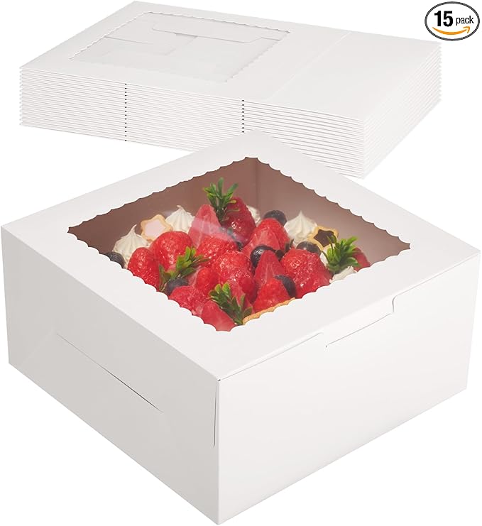 Kootek 15pcs Cake Boxes, 10x10x5 Inches Cake Box with Window, White Bakery Boxes, Large Baking Boxes, Square Cardboard Cake Box for Cakes, Baked Goods, Cake Decorating Supplies for Gift Giving