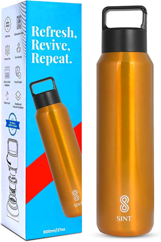 HOME ARCHIVE Sports Water Bottle Stainless Steel 27 Oz Leak Proof Gym & Sports Bottles for Men & Women Double Walled & Vacuum Insulated With Dishwasher Safe (GOLD)