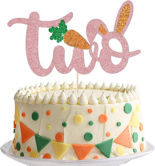 Bunny Ears Two Cake Topper,Easter 2nd Birthday Cake Topper, for Photo Booth Props, Boy Girl Birthday Party Cake Decoration