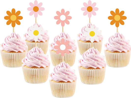 24Pcs Daisy Cupcake Toppers, Flower Cupcake Toppers, Daisy Cake Decorations for Daisy, Spring, Baby Shower, Daisy Birthday Party Decorations (Mixed)