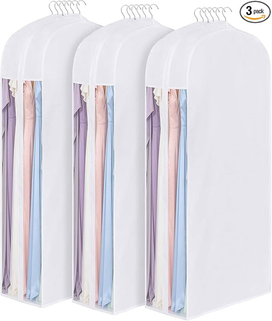 Kntiwiwo 60" Premium Cotton Garment Bag for Hanging Clothes and Storage, Breathable Dress Bags for Gowns with Extra Large 10" Gusseted & Clear Window, Dust Cover with Zipper for Long Dresses, 3 Pack