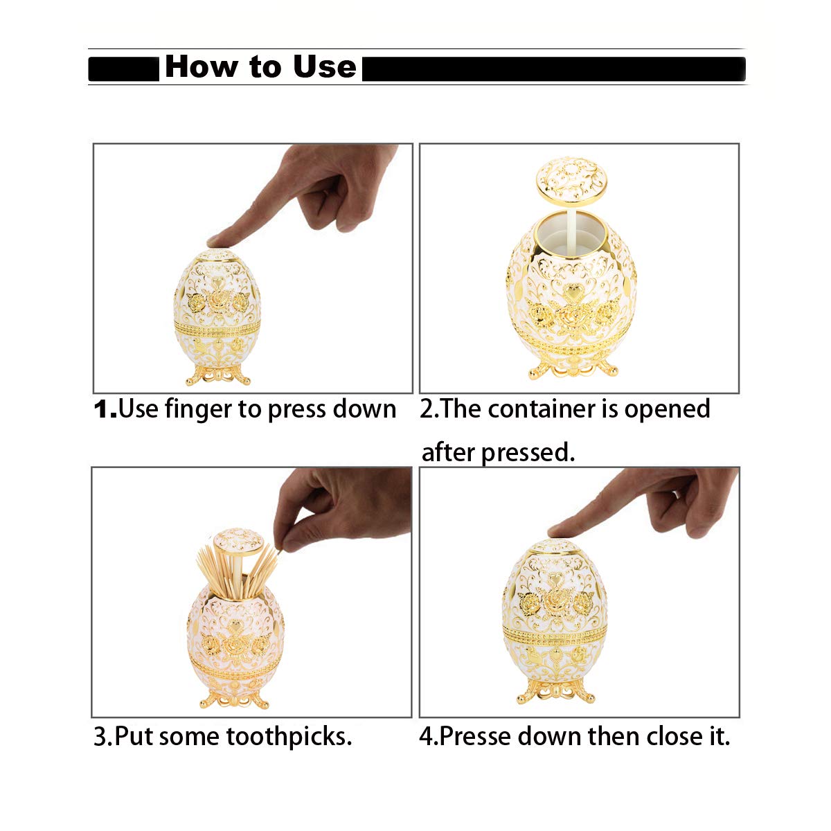 K COOL Gorgeous Automatic Toothpick Holder with Bottle Opener, Hand Press Retractable Retro Toothpick Dispenser Toothpicks Case Can Box Container for Kitchen Home Restaurant (Jade White-Gold Rose)