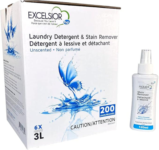 Excelsior Liquid Laundry Detergent Unscented HE Concentrated, 200 Loads 3 Liter, Enzyme Stain Remover, Front Load and Top Load Compatible