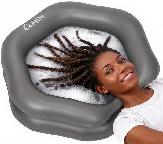 Inflatable Shampoo Basin, Portable Hair Washing Bowl with 360° Neck Support, Leak-Proof PVC Bedside Shampoo Tray for Bedridden Elderly Disabled Pregnant Post-Surgical Care(Grey)