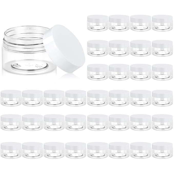 Eternal Moment 36 Pack 1 OZ Plastic Jars Round Clear Cosmetic Container Jars with White Lids, Perfect for Lotion, Slimeï¼Cream, Ointments, Makeup, Eye Shadow, Samples, Pot, Travel Storage