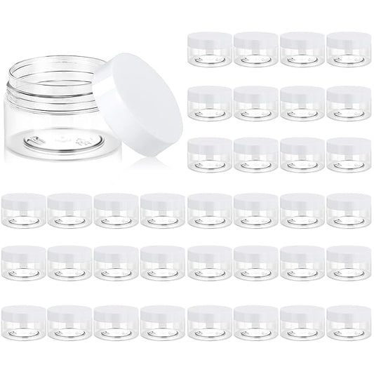 Eternal Moment 36 Pack 1 OZ Plastic Jars Round Clear Cosmetic Container Jars with White Lids, Perfect for Lotion, Slimeï¼Cream, Ointments, Makeup, Eye Shadow, Samples, Pot, Travel Storage