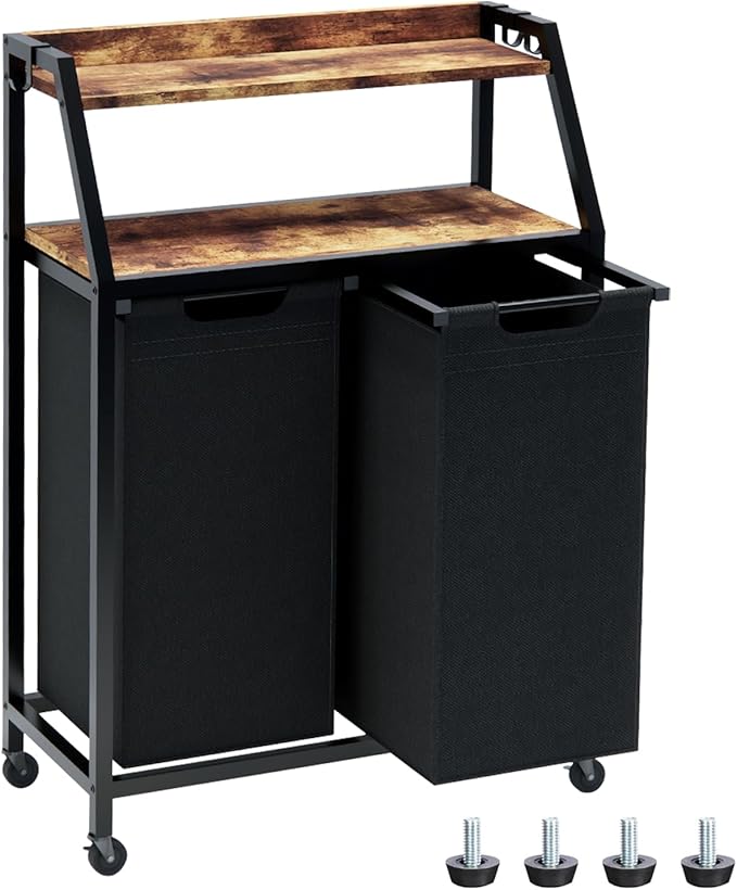 Laundry Hamper, Laundry Sorter 2 Section, Rolling Laundry Basket with Wheels, 2 Shelves, 2 Ã 14.5 Gal, Pull-Out and Removable Oxford Fabric Bags, for Laundry Room, Black and Rustic Brown